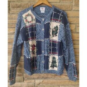 Nutcracker Ramie Cotton Blue Patchwork Cardinal Holiday Sweater Medium